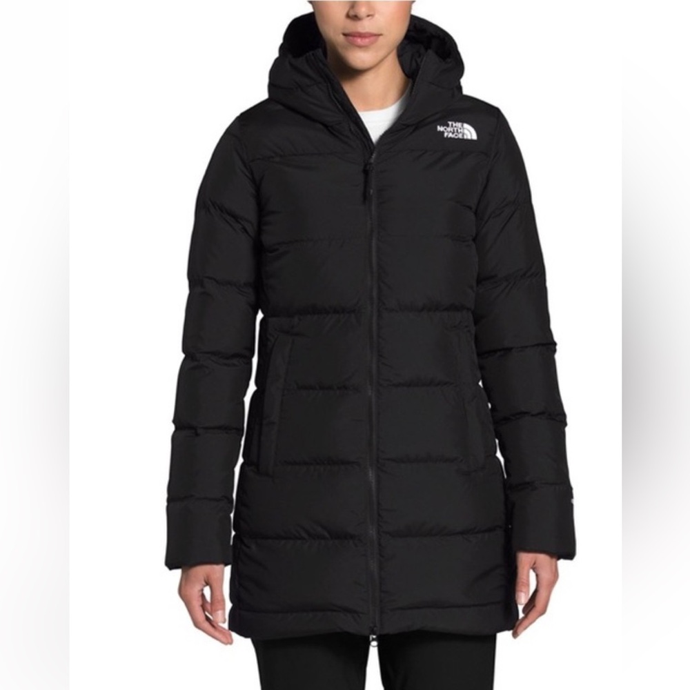 The North Face women’s black midlength 550 fill down parka